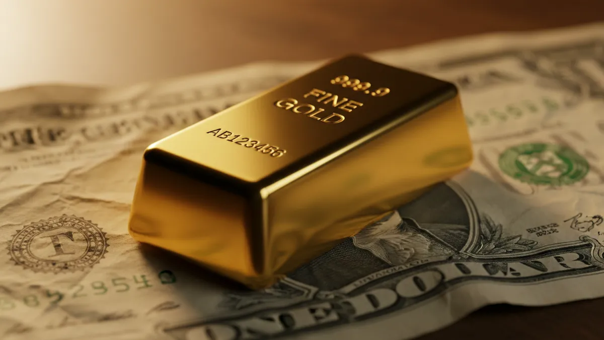 Gold bullion bar placed on a US dollar bill illustrating the currency impact on precious metals prices